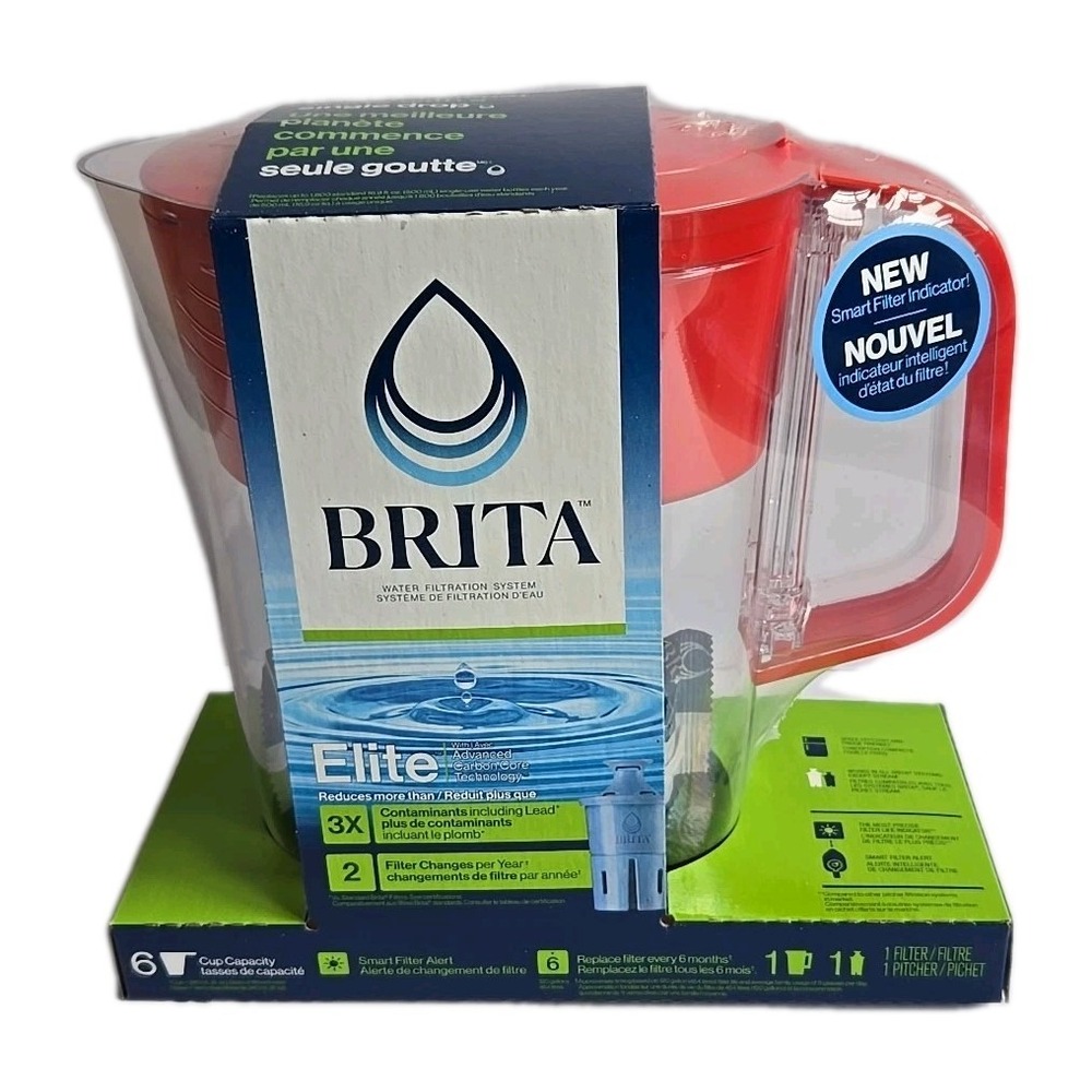 NEW Brita Elite 6-Cup Red Water Pitcher 1 Pack Clean Filter Smart Filter Alert